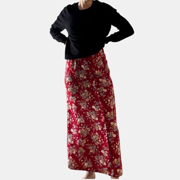 90s Deadstock Floral Red Midi Skirt Button Front High Rise Size 10 - Picture 3 of 6